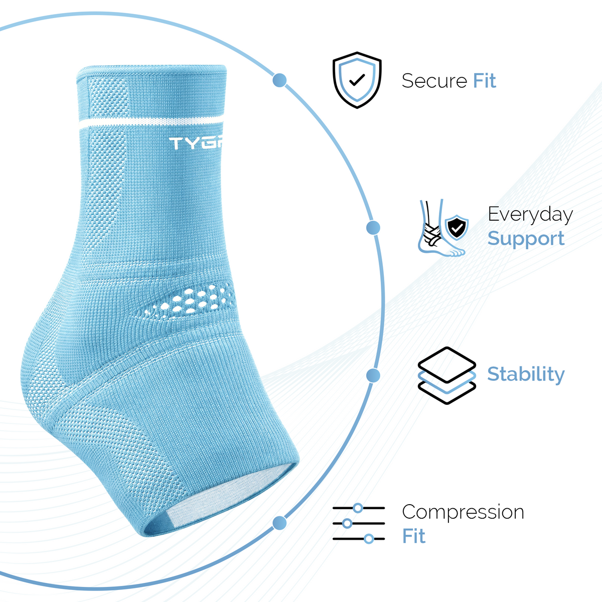 Blue ankle support brace, breathable compression knit sleeve with stabilizing band