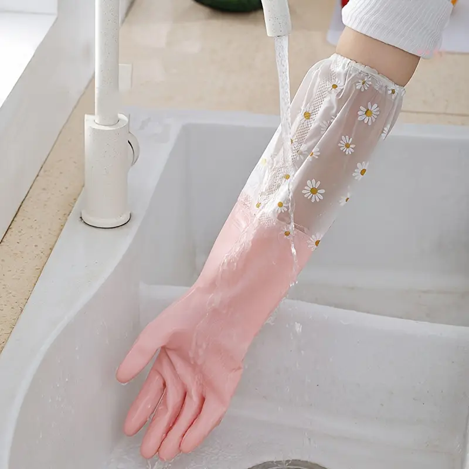 Floral Long Sleeve Rubber Gloves, Reusable & Flexible, 1 Pair