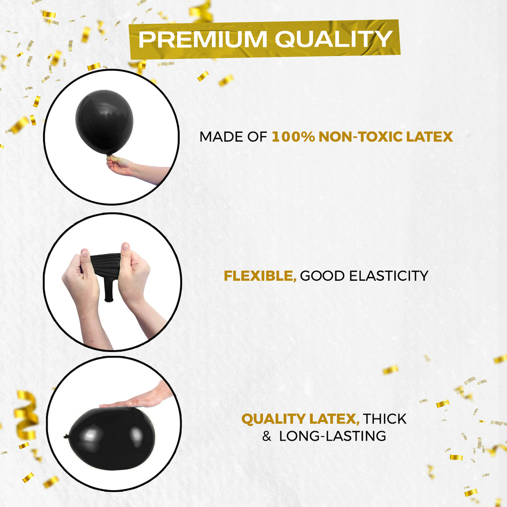 Latex Balloons with Ribbon, Black, 12 Inch, Pack of 50