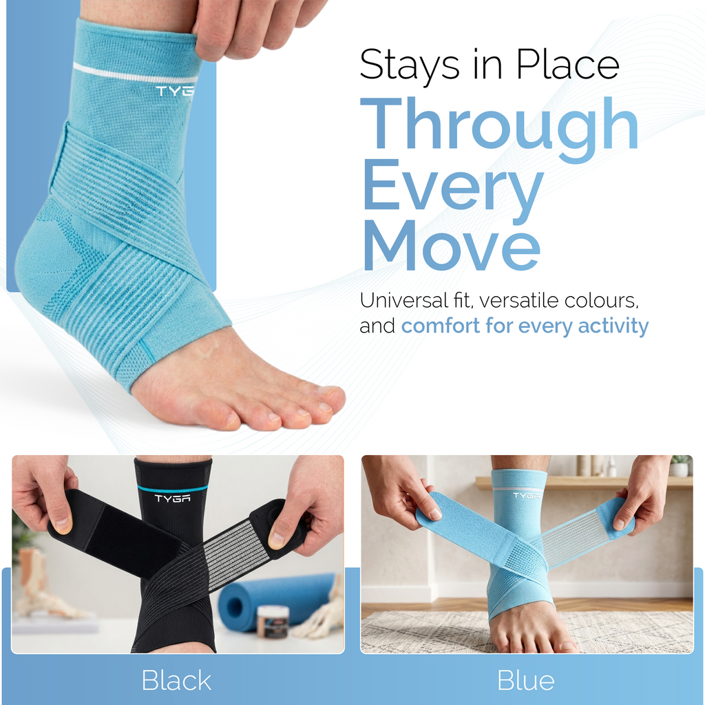 Blue ankle support brace with stabilizing strap, side view on foot