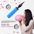 Blue balloon pump with black nozzle inflating a pink balloon, portable handheld design