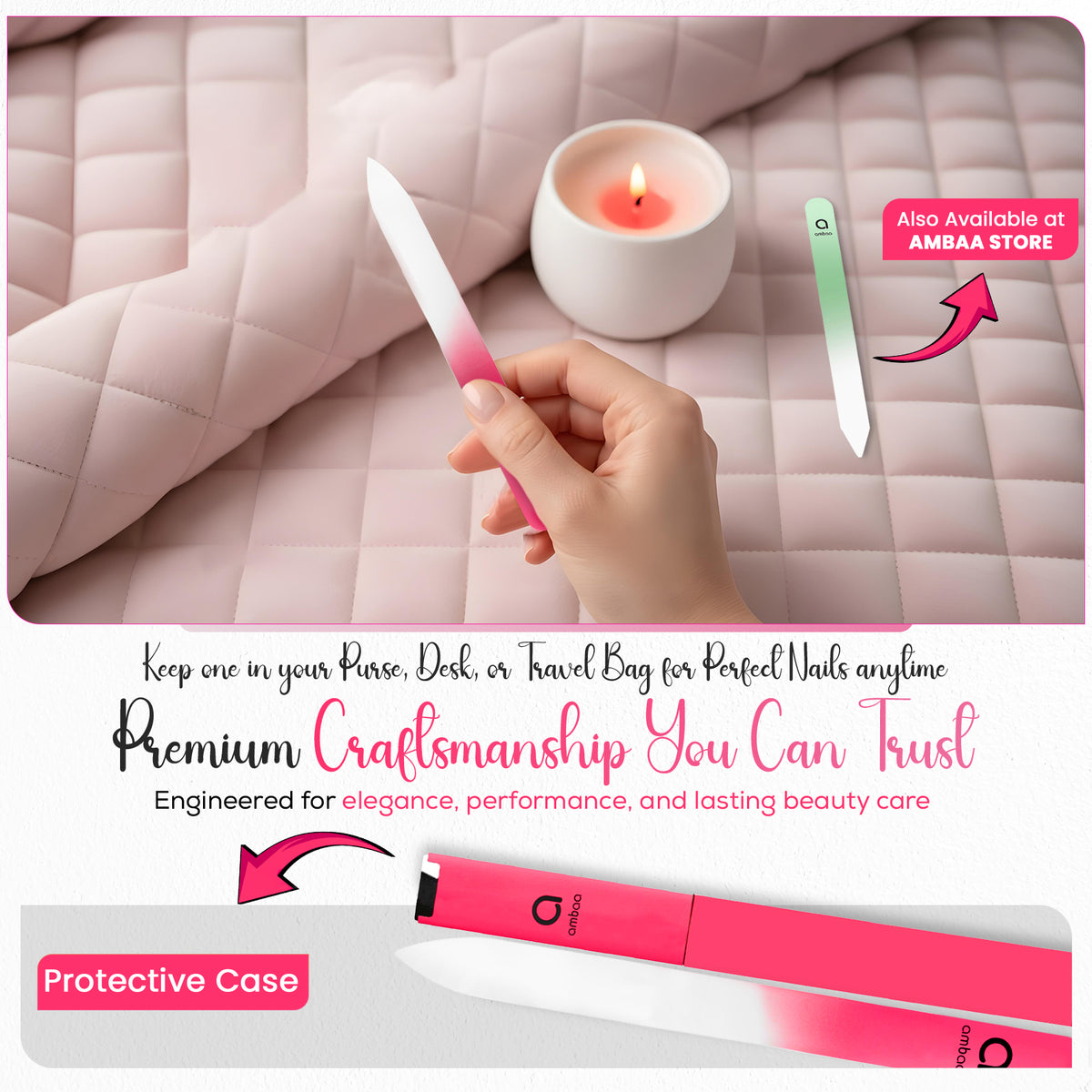 Glass Nail File with Case, Double Sided Precision Filing, Hot Pink