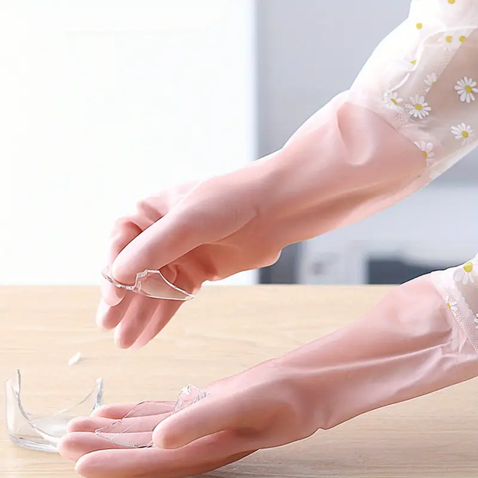 Floral Long Sleeve Rubber Gloves, Reusable & Flexible, 1 Pair