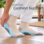 Blue and grey insoles under socked feet with visible cushioned support