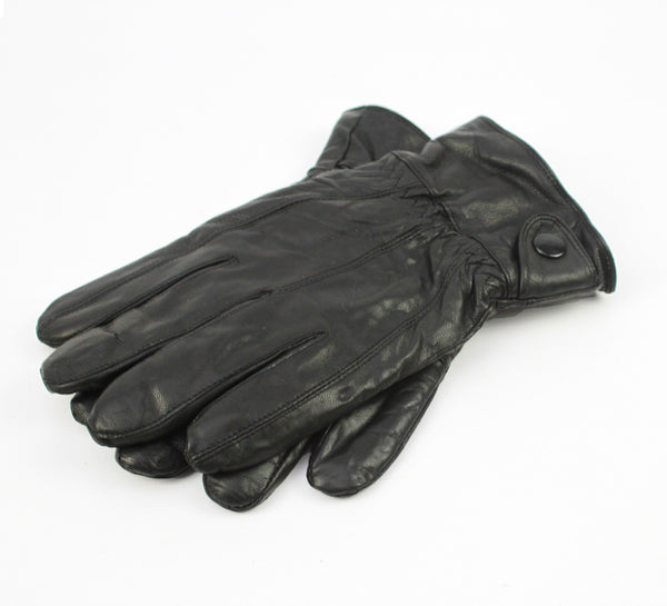 Black leather biker gloves, cuff with snap tab and padded palm panel stitching