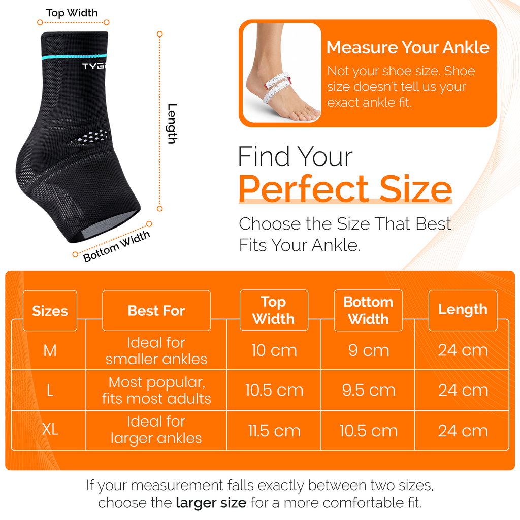 Black ankle brace size chart with strap dimensions and length markers.
