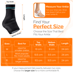 Black ankle brace size chart with strap dimensions and length markers.