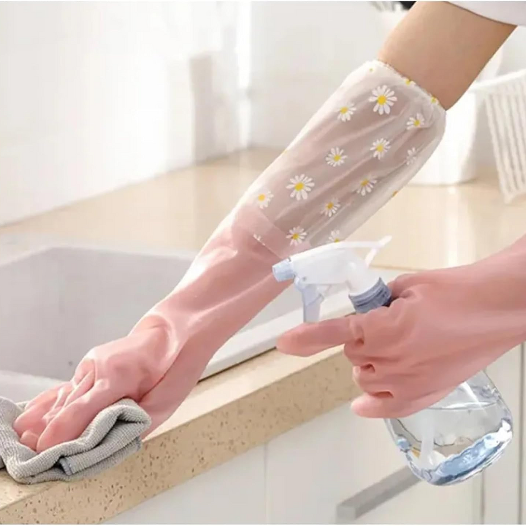 Floral Long Sleeve Rubber Gloves, Reusable & Flexible, 1 Pair