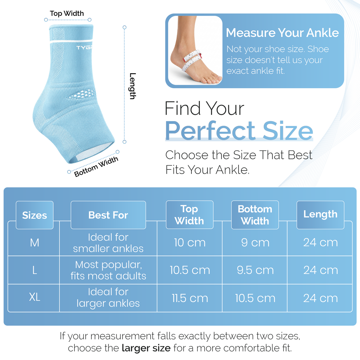 Blue ankle support brace with adjustable strap and compression sleeve, foot view