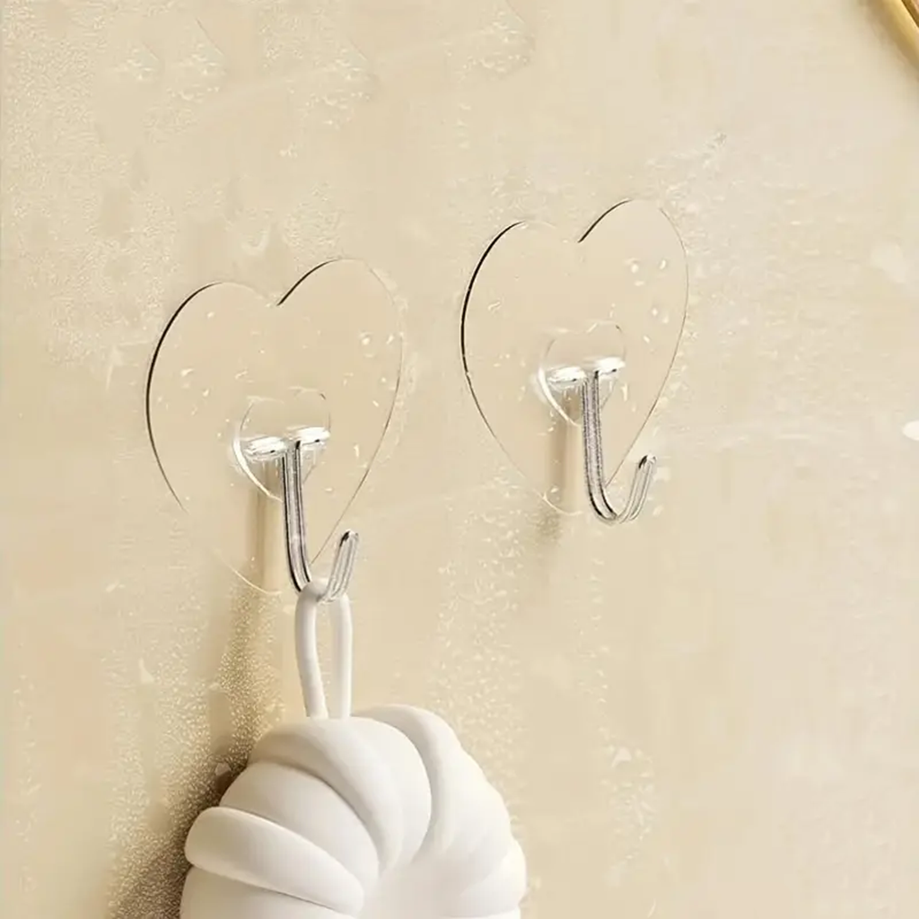 Heart Shaped Adhesive Hooks, Clear Wall Hooks, Pack of 10