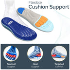 Blue and grey insoles laid out, showing orange forefoot pad and cushioned heel area