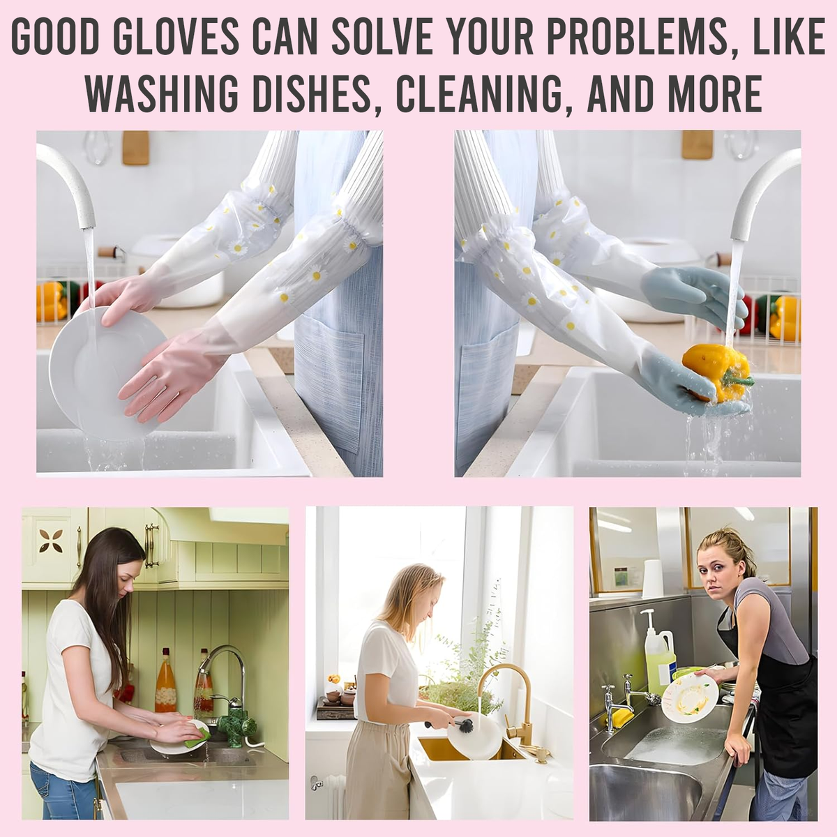 Floral Long Sleeve Rubber Gloves, Reusable & Flexible, 1 Pair