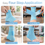 Blue ankle support brace, step-by-step strap wrap on foot with compression knit