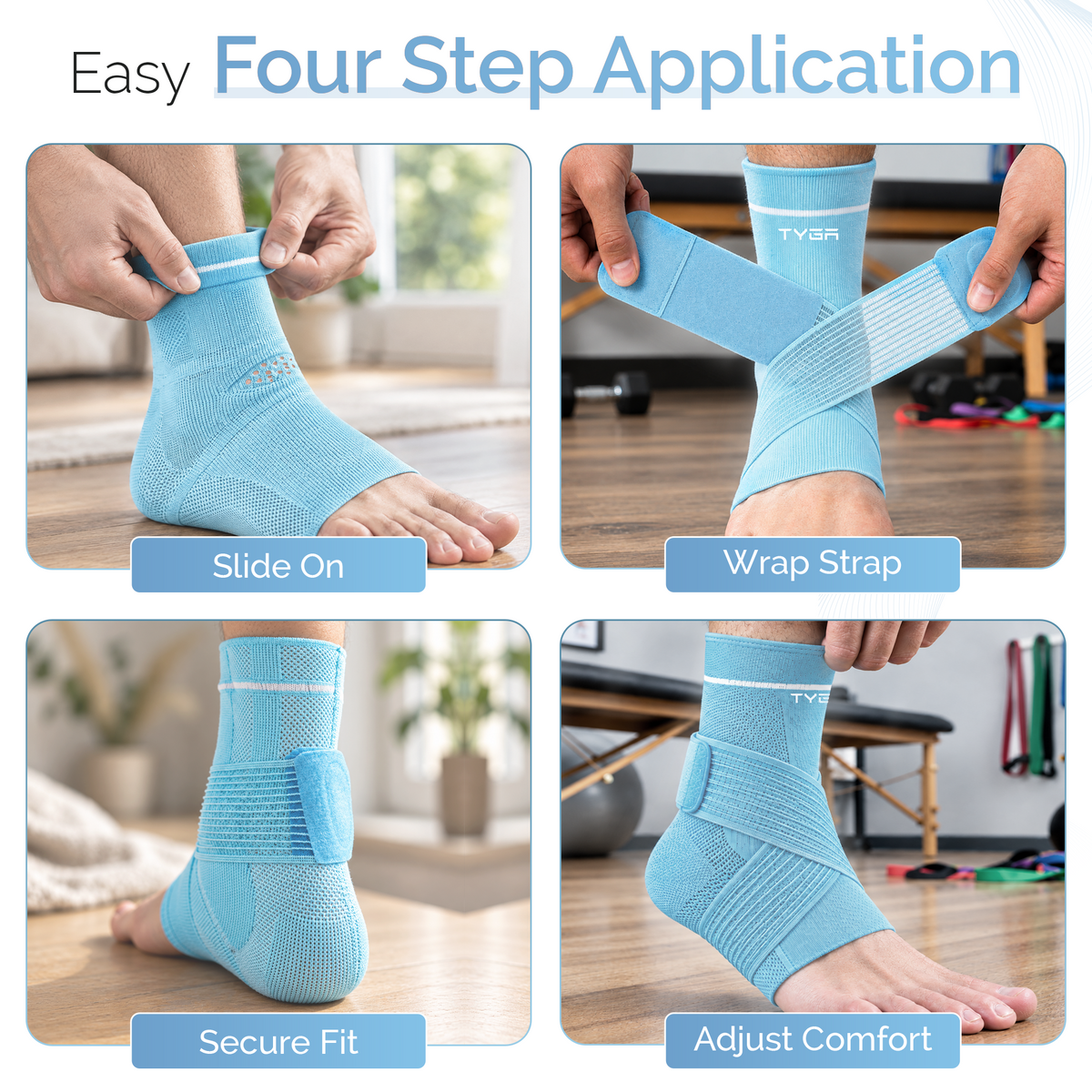 Blue ankle support brace, step-by-step strap wrap on foot with compression knit
