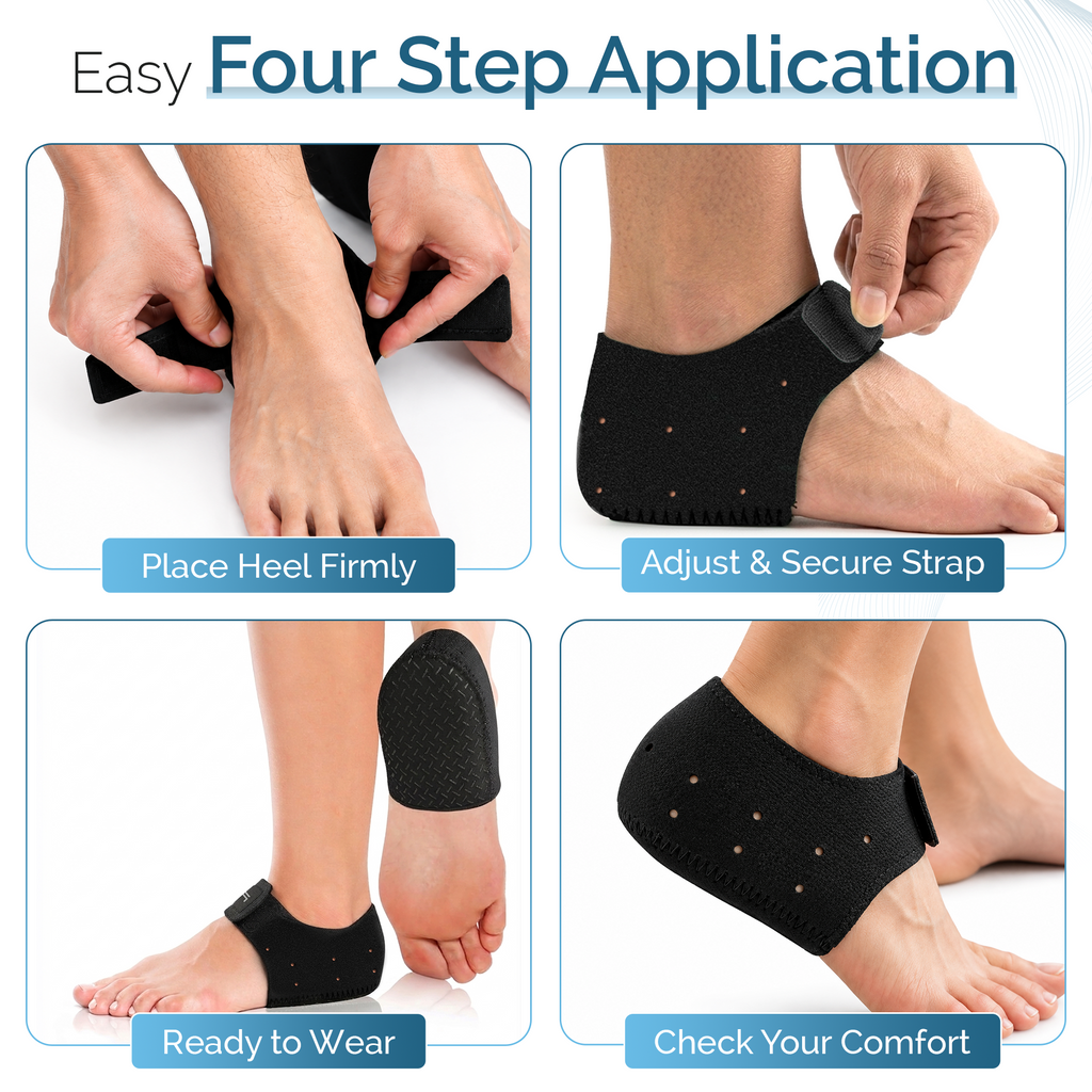 Black heel cups shown in place with adjustable strap for a secure fit