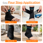 Black ankle brace with wrap strap; hands applying for a secure fit.
