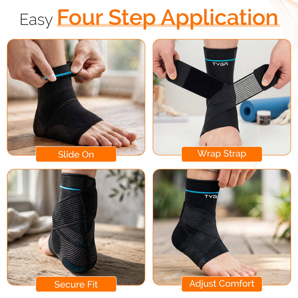 Black ankle brace with wrap strap; hands applying for a secure fit.