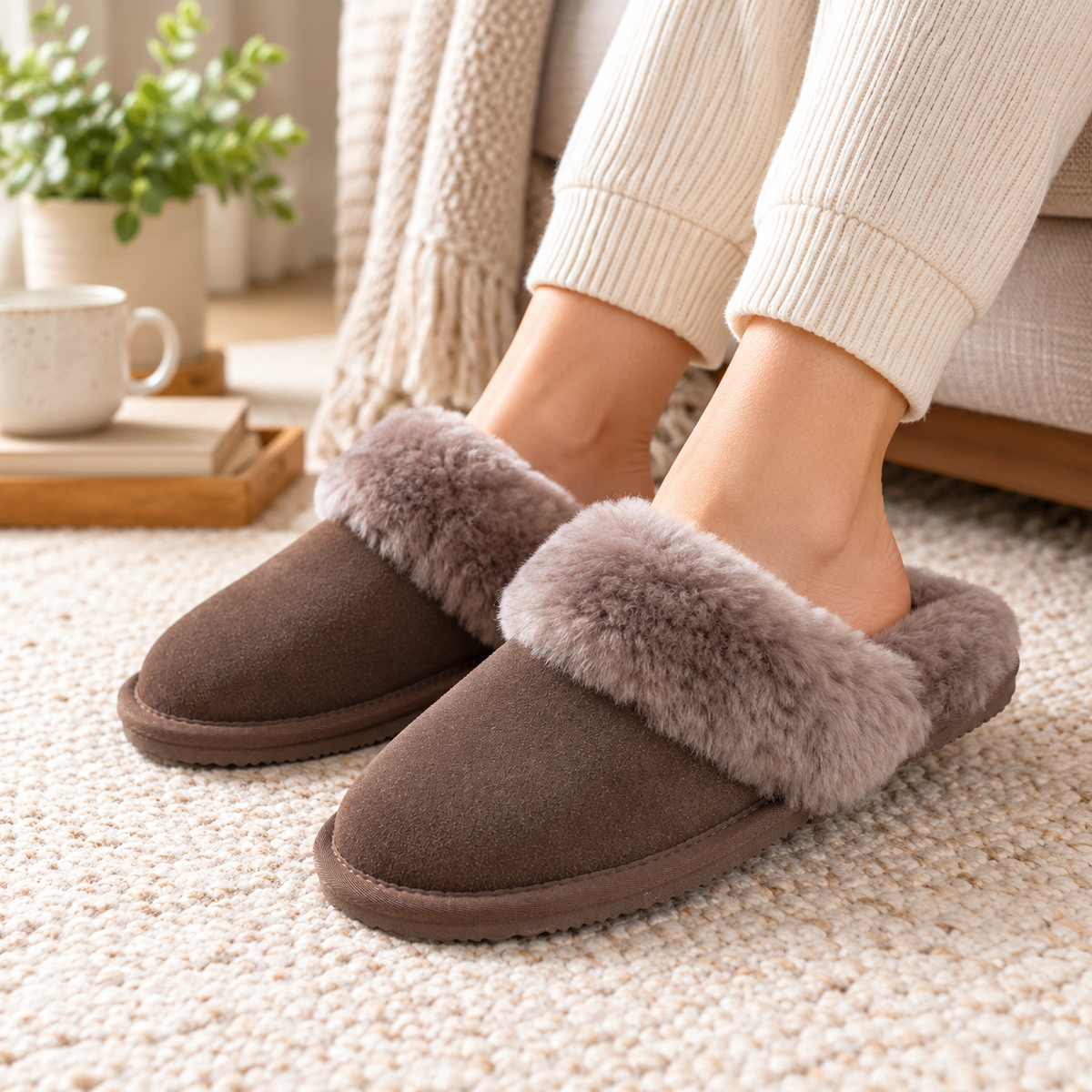 Truffle suede mule slippers with plush faux-shearling strap, worn with ribbed knit socks.