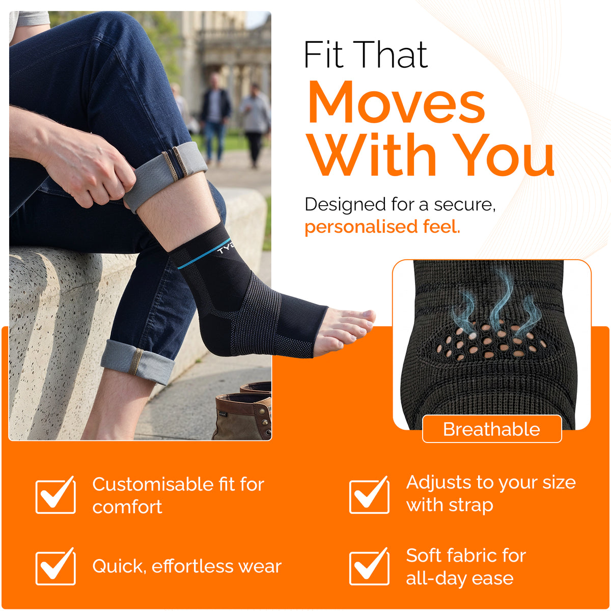 Ankle Support Brace with Adjustable Strap, Compression Stability Sleeve, Black