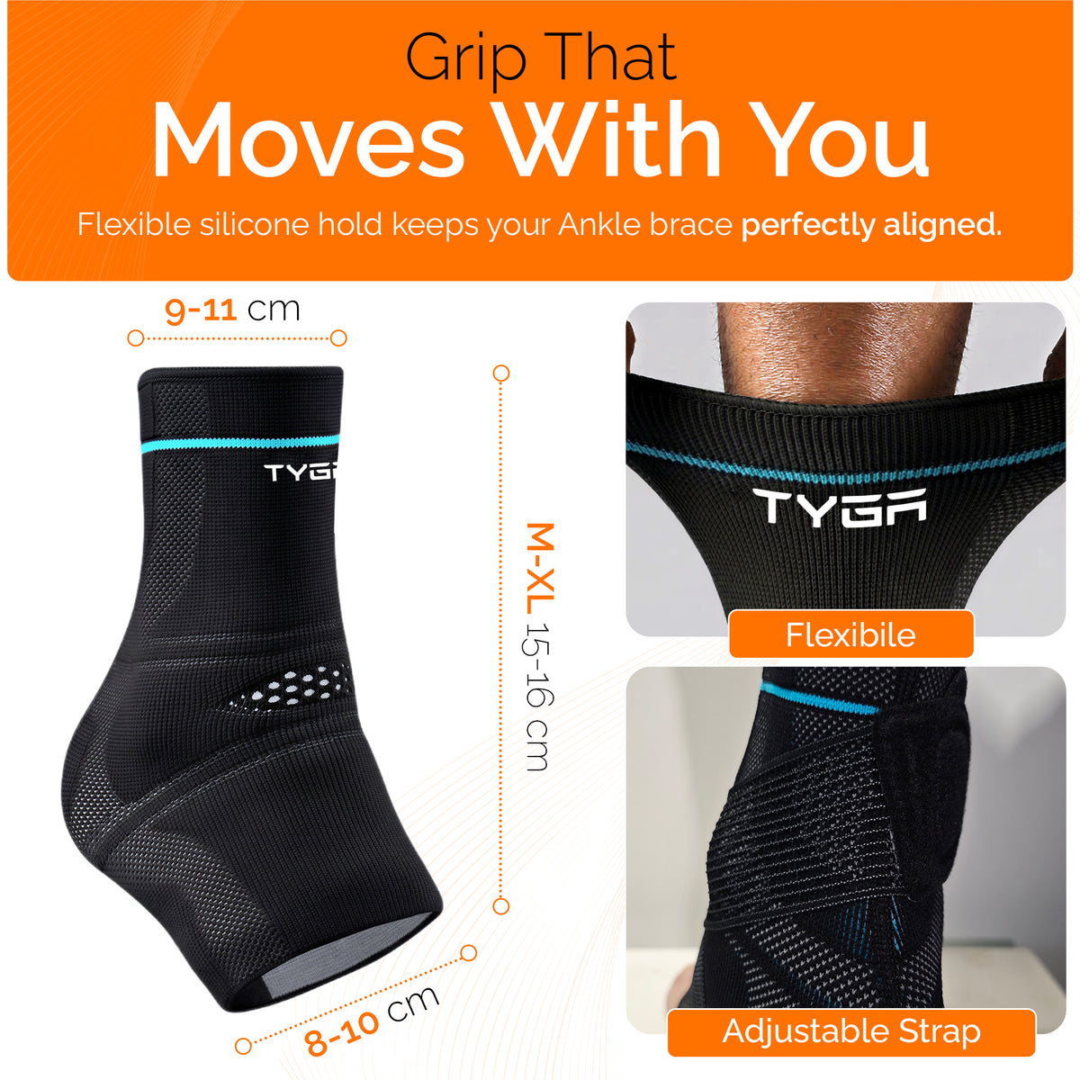Ankle Support Brace with Adjustable Strap, Compression Stability Sleeve, Black