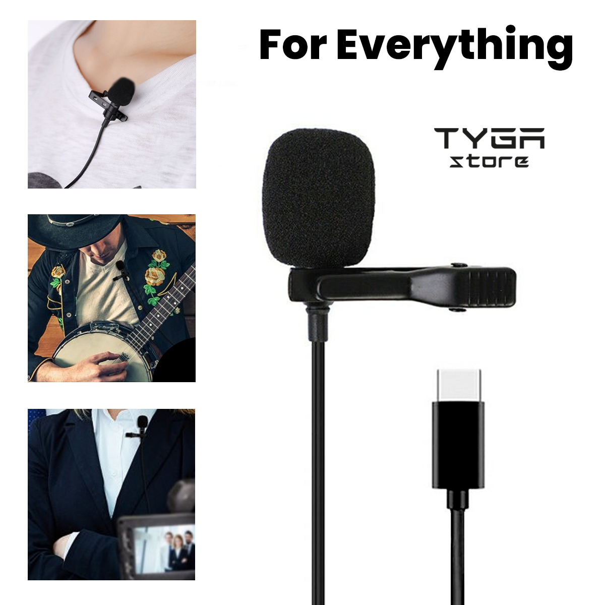 USB-C Lavalier Microphone, Noise Reduction, Type-A Adapter