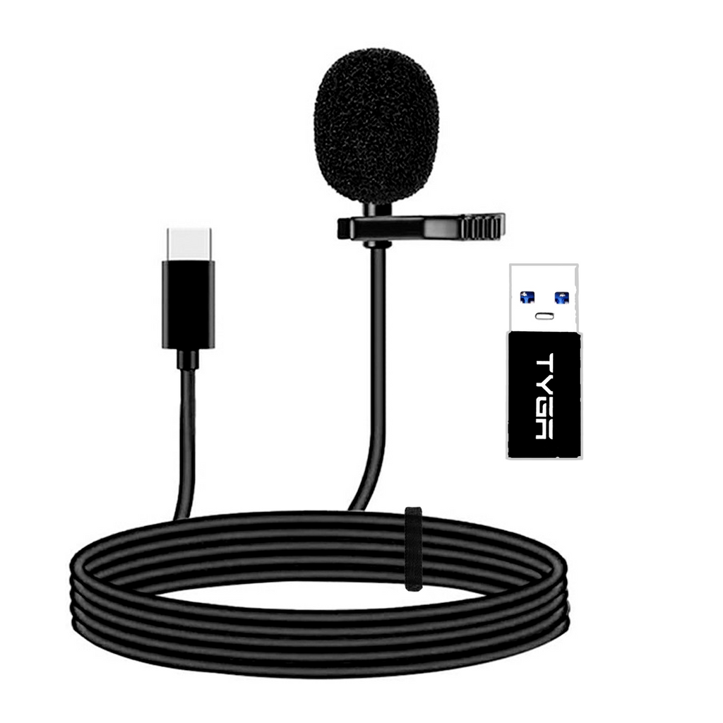 USB-C Lavalier Microphone, Noise Reduction, Type-A Adapter