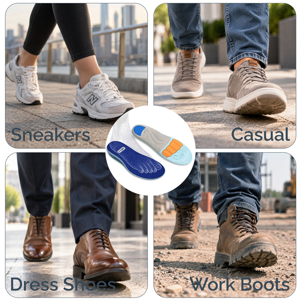 Blue cushioned insole with arch support and heel cup, inset detail
