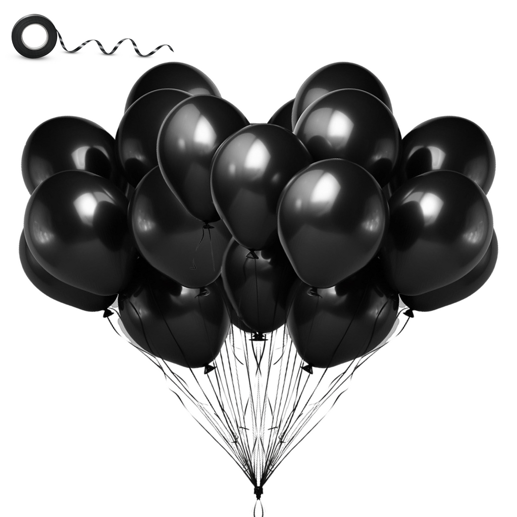 Latex Balloons with Ribbon, Black, 12 Inch, Pack of 50