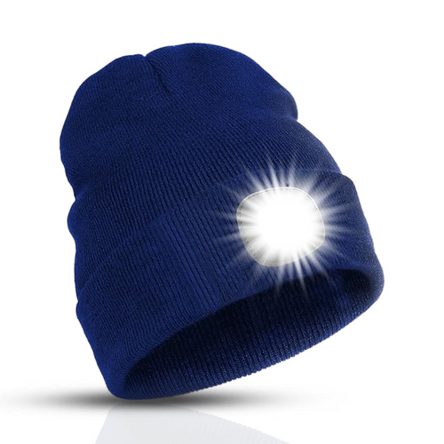 Navy knit beanie with a bright glowing LED light on the front.