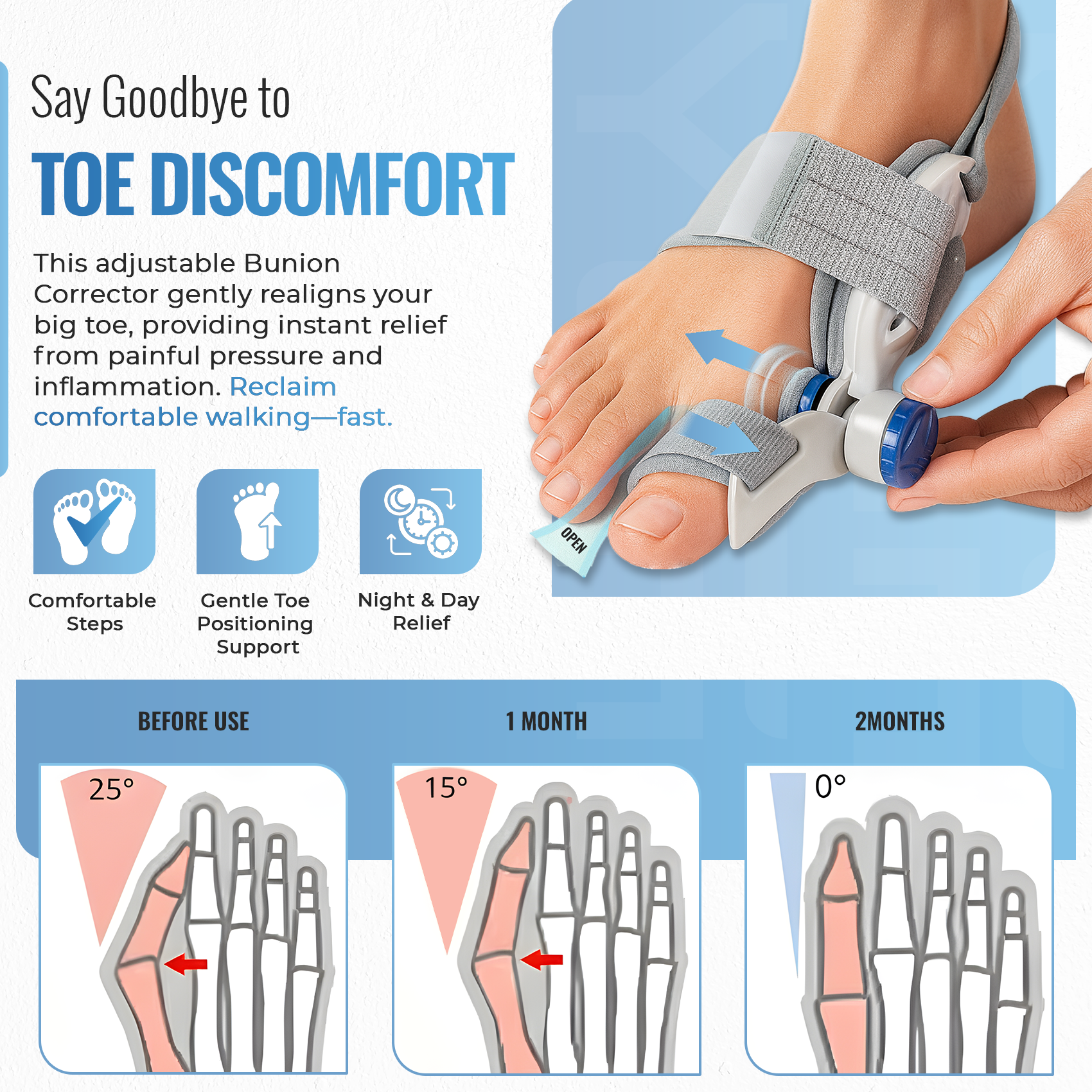 Bunion Corrector with Adjustable Knob, Toe Alignment & Pain Relief, Grey