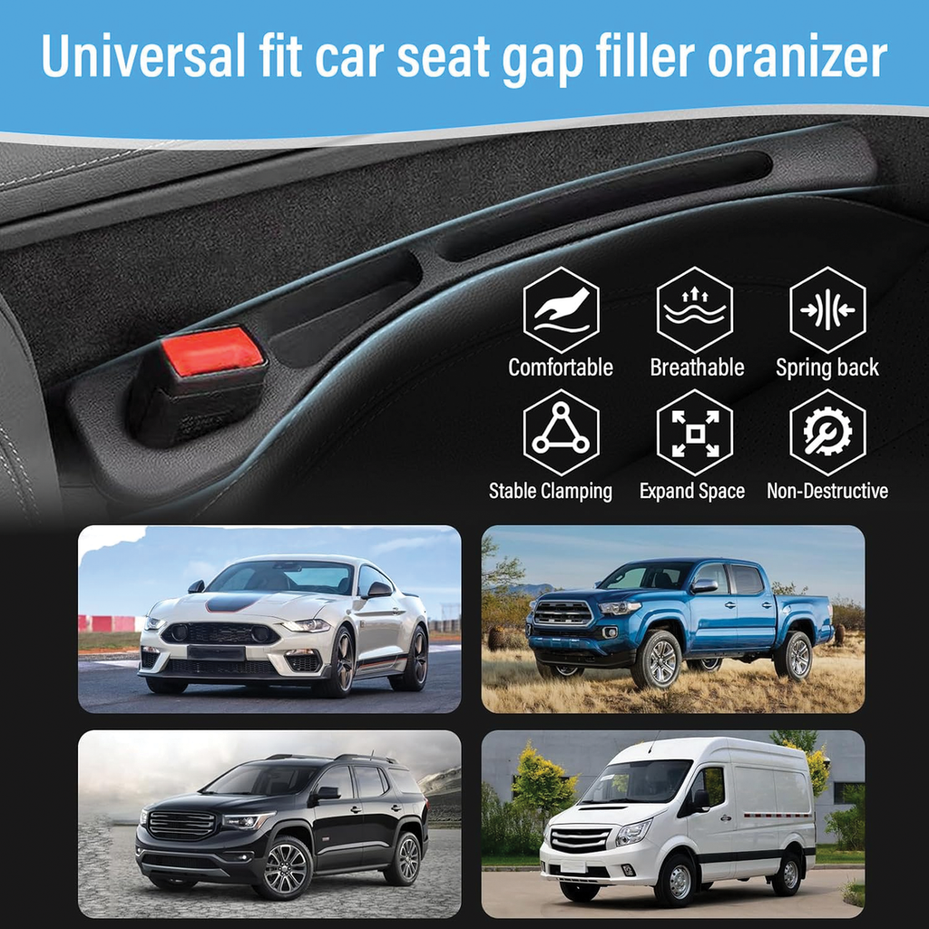 Car Seat Gap Filler & Organiser, Debris Blocking Design, Black, 1 Pair
