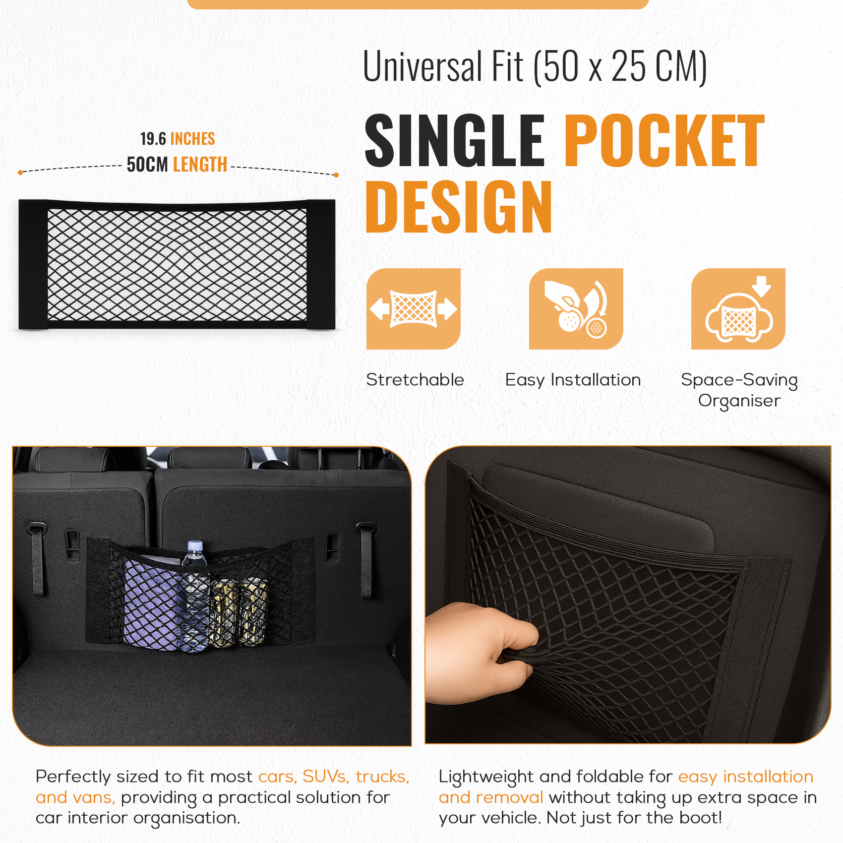 Elastic Car Boot Cargo Net, Mesh Storage Organiser, Black, 50 × 25cm