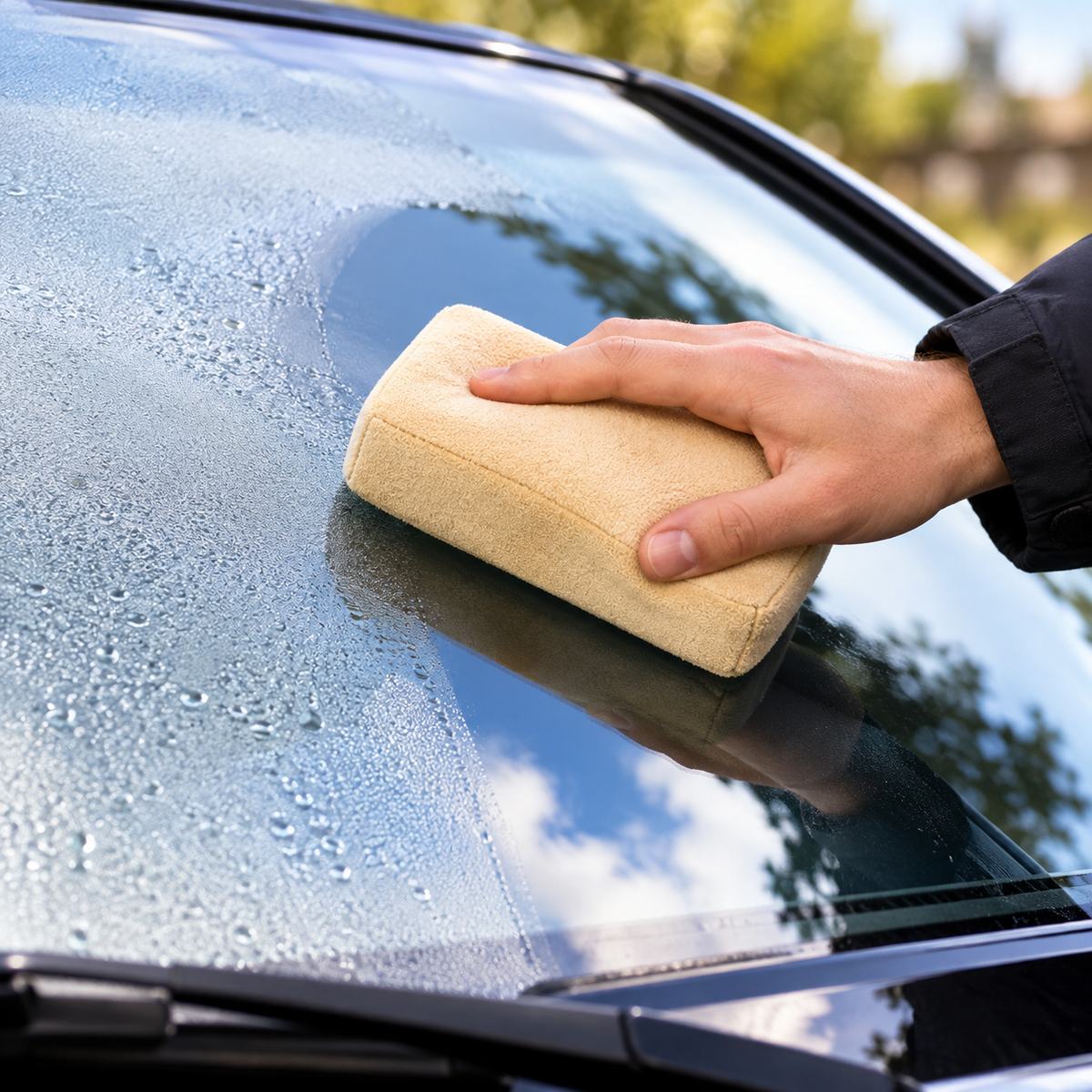 Beige chamois polishing pad held against car windshield