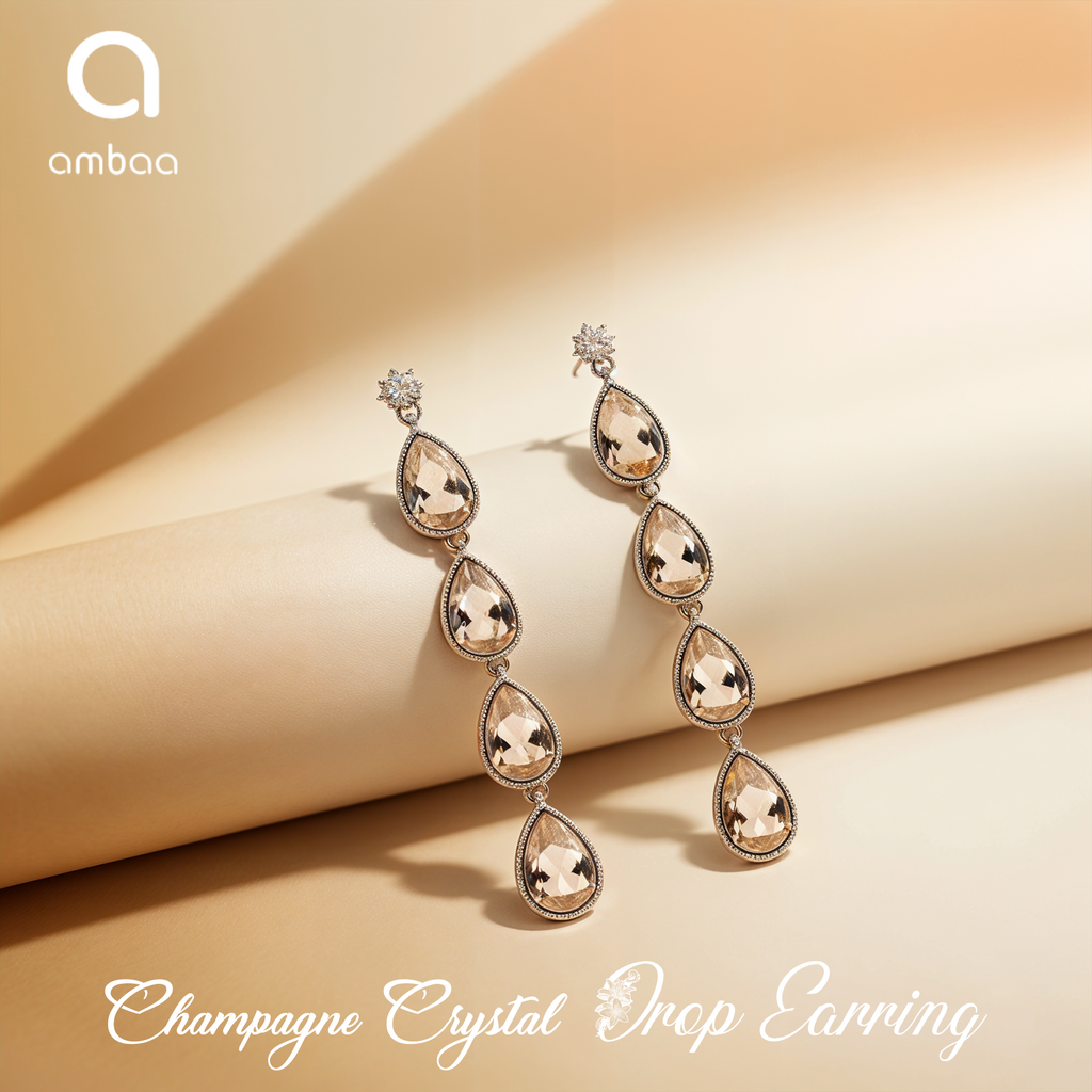 Champagne Crystal Drop Earrings, Elegant Teardrop Dangle Design, 1 Pair