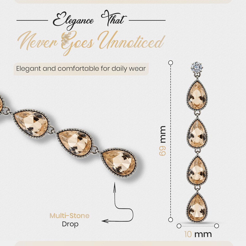 Champagne Crystal Drop Earrings, Elegant Teardrop Dangle Design, 1 Pair