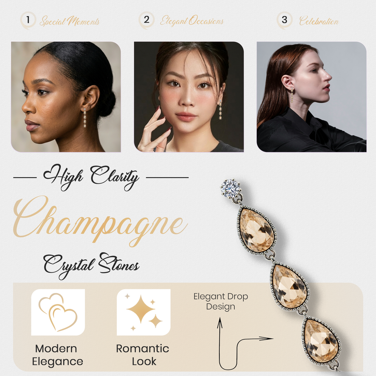 Champagne Crystal Drop Earrings, Elegant Teardrop Dangle Design, 1 Pair