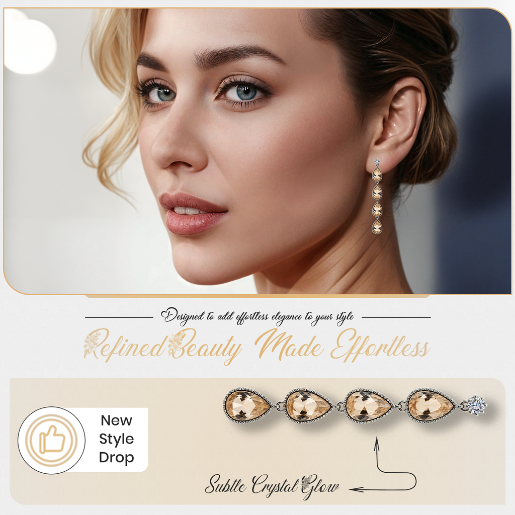 Champagne Crystal Drop Earrings, Elegant Teardrop Dangle Design, 1 Pair