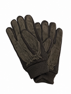 Suede knit gloves with ribbed knitted cuffs, brown palms and finger panels