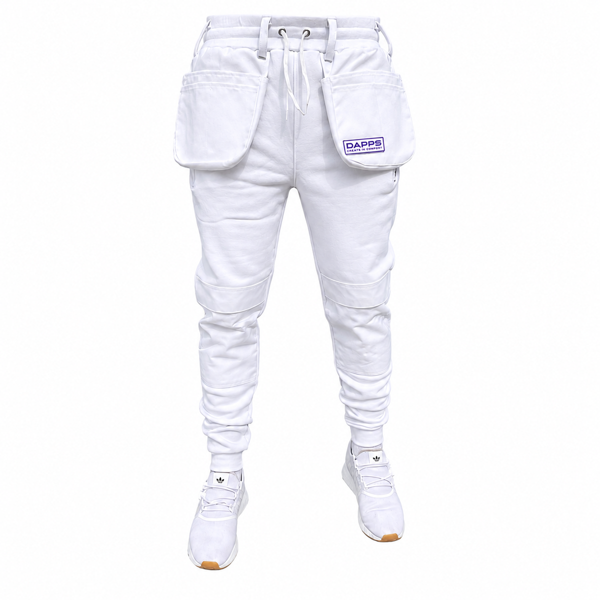 White work joggers with drawstring waist, cargo thigh pockets, full front view