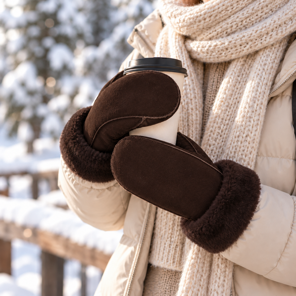 Brown sheepskin mittens on person with fuzzy cuffs and dark palm panels