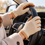 Tan leather driving gloves with crochet back, stitched finger seams, soft knit cuff