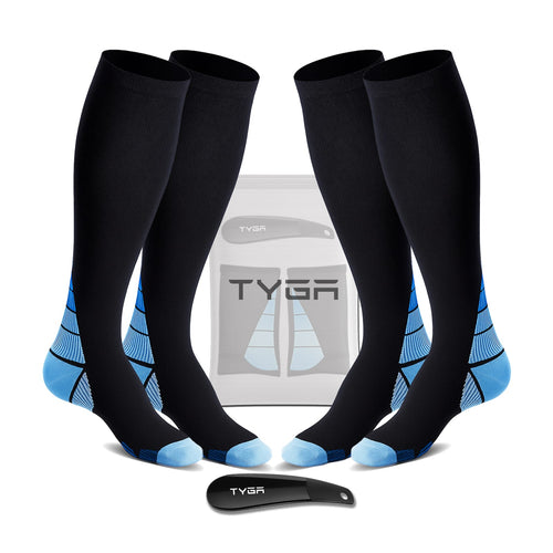 Black compression socks with blue toe and calf stripes, two-pack shown