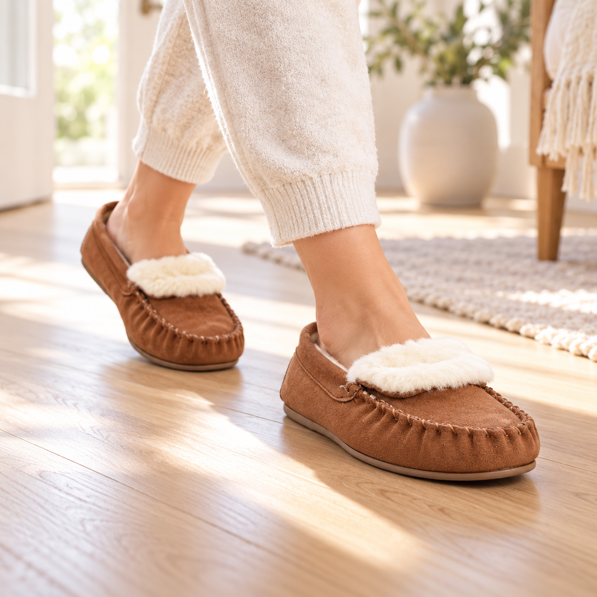 Women’s plush-lined moccasin slippers, dark camel suede with white sherpa lining