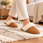 Women’s chestnut suede mule slippers with white plush cuff and low EVA sole