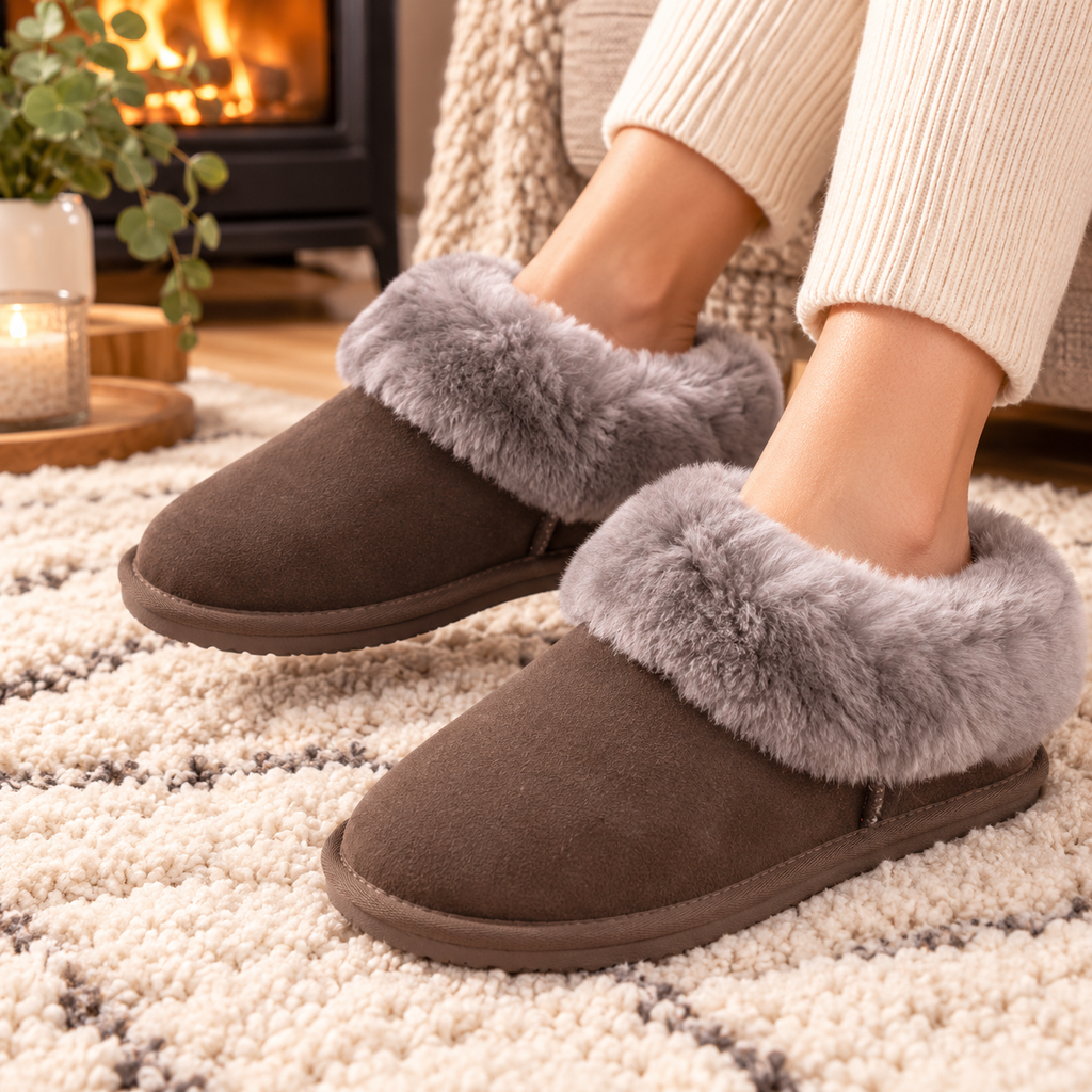 Truffle slipper boots on feet, suede upper with plush shearling-style cuff, EVA sole
