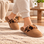 Women’s leopard suede mule slippers with shearling-style top and EVA sole, open back
