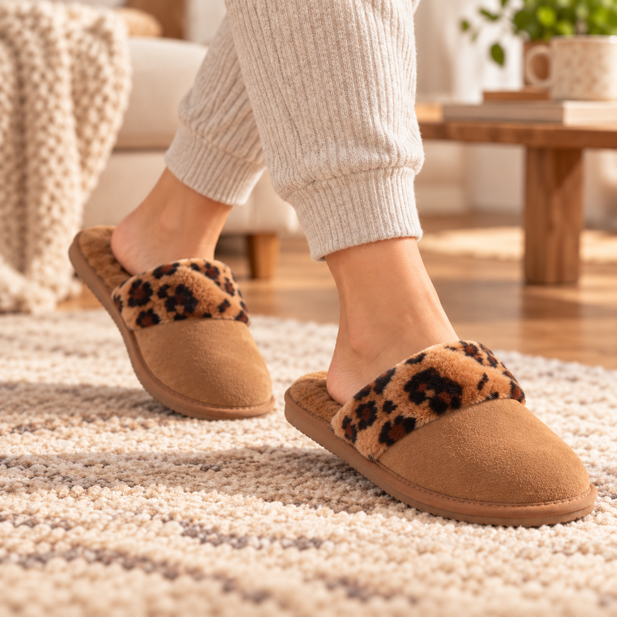 Women’s leopard suede mule slippers with shearling-style top and EVA sole, open back