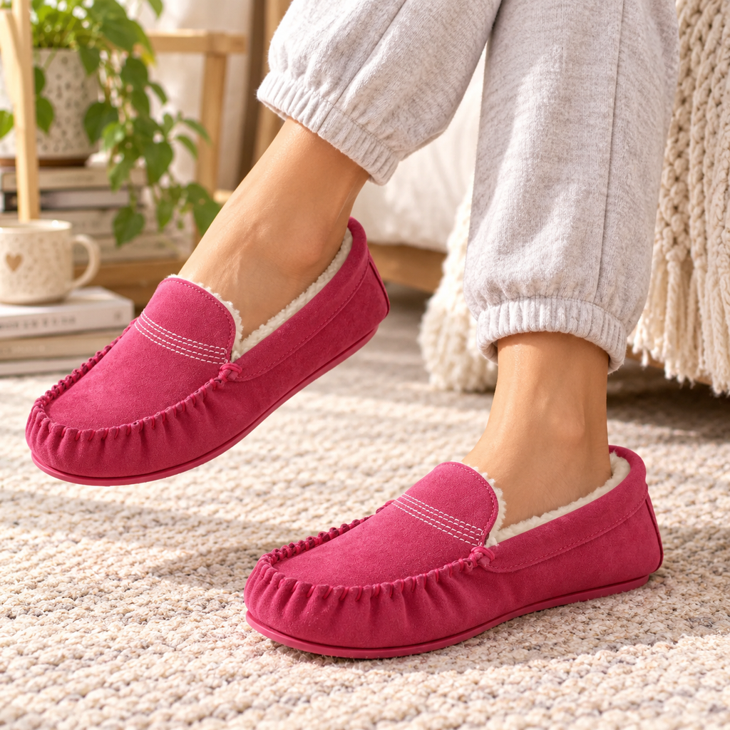Pink suede moccasin slippers with fleece lining worn with TPR sole
