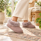 Suede slipper boots in mushroom with faux-fur cuff, worn with socks on tile
