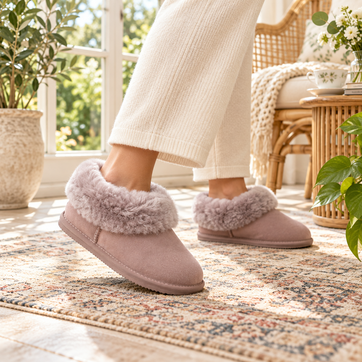 Suede slipper boots in mushroom with faux-fur cuff, worn with socks on tile